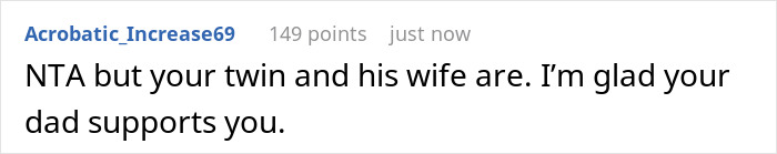 Screenshot of an online comment about a gay man attending his twin’s wedding with partner, facing uninvited situation. Screenshot of an online comment about a gay man attending his twin’s wedding with partner, facing uninvited situation.