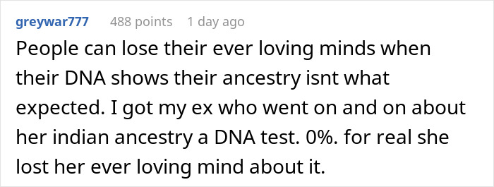 User comment about DNA test results showing unexpected ancestry, highlighting inlaws day ruined genetic heritage information. User comment about DNA test results showing unexpected ancestry, highlighting inlaws day ruined genetic heritage information.