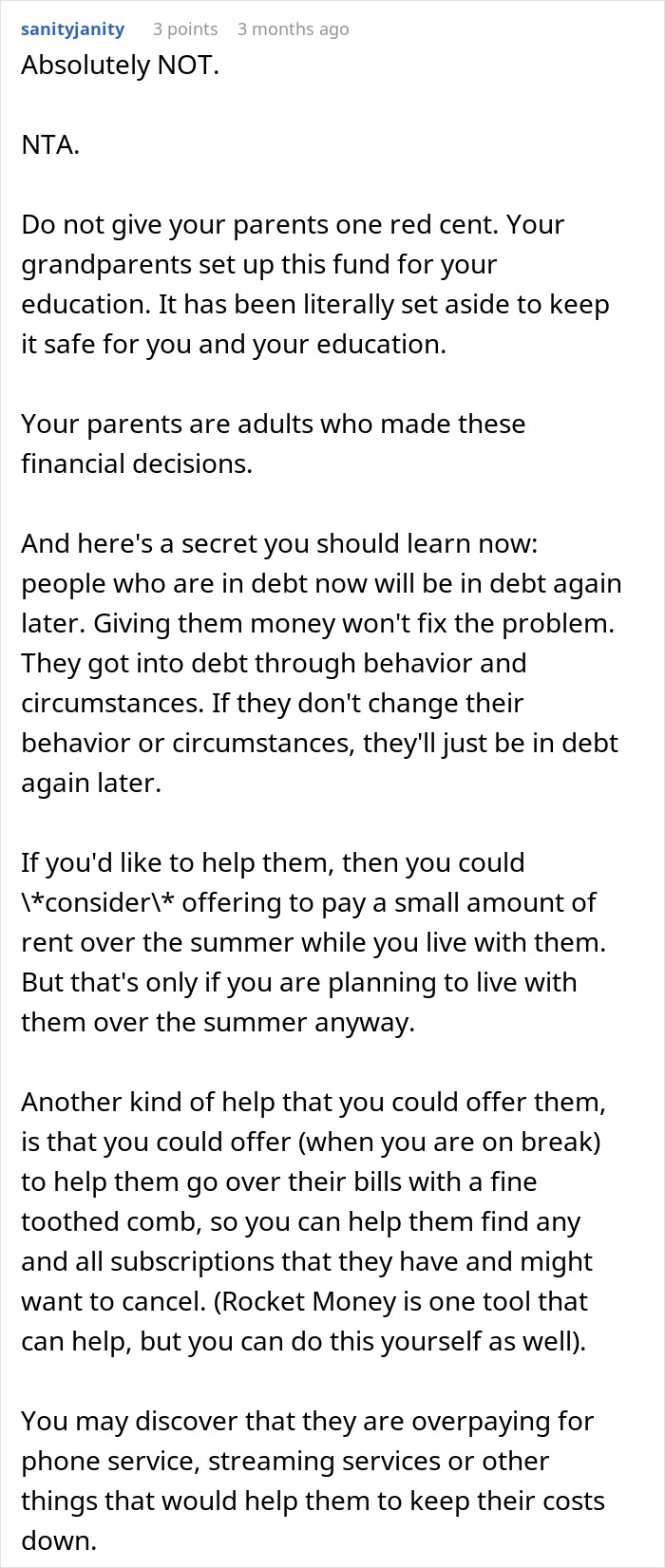 Comment discussing a teen refusing to sacrifice her future to fix parents’ financial mistakes and advice on handling debt.
