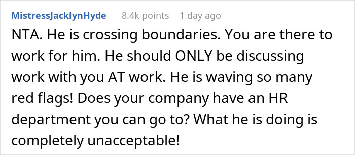 Text comment about single mom uncomfortable with boss crossing boundaries, raising red flags, and advising HR involvement. Text comment about single mom uncomfortable with boss crossing boundaries, raising red flags, and advising HR involvement.