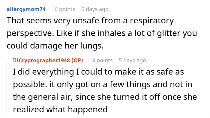 Comments discussing safety concerns about a woman putting glitter in a roommate’s humidifier after clothes theft. Comments discussing safety concerns about a woman putting glitter in a roommate’s humidifier after clothes theft.
