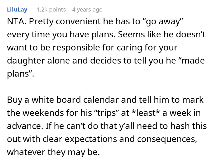 Screenshot of a Reddit comment discussing a man canceling plans to go on a cycle trip instead of watching his daughter. Screenshot of a Reddit comment discussing a man canceling plans to go on a cycle trip instead of watching his daughter.