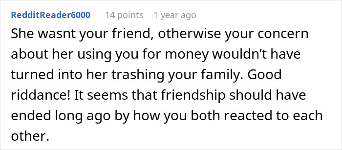 Reddit comment discussing a gold digger holiday friend drama, focusing on friendship ending over money misuse and family conflict. Reddit comment discussing a gold digger holiday friend drama, focusing on friendship ending over money misuse and family conflict.