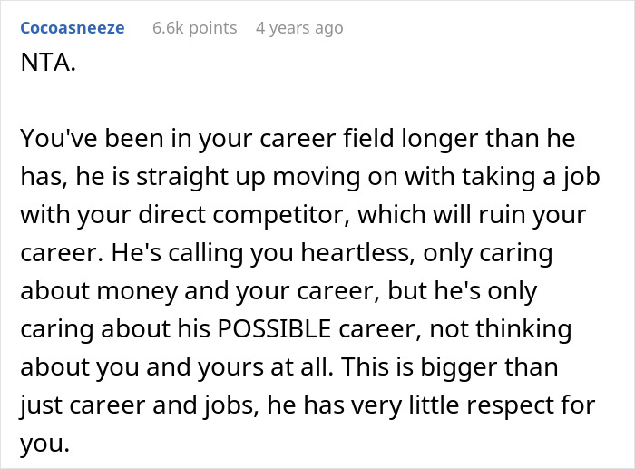 Screenshot of a discussion about asking husband to turn down a dream job to protect a spouse’s career and respect. Screenshot of a discussion about asking husband to turn down a dream job to protect a spouse’s career and respect.