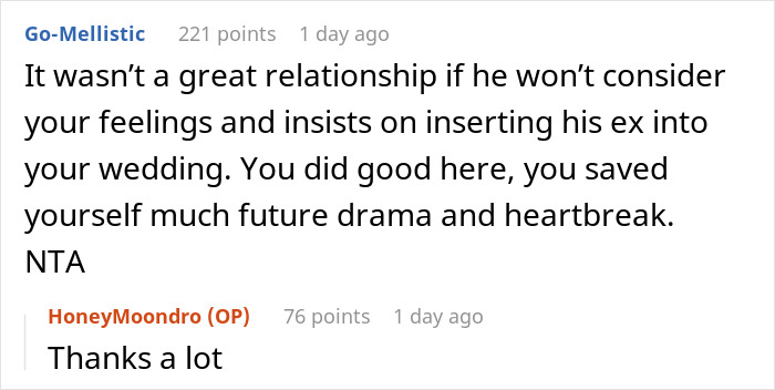 Screenshot of a forum discussing bride’s protests to change caterer ignored by groom’s ex causing wedding to be called off. Screenshot of a forum discussing bride’s protests to change caterer ignored by groom’s ex causing wedding to be called off.