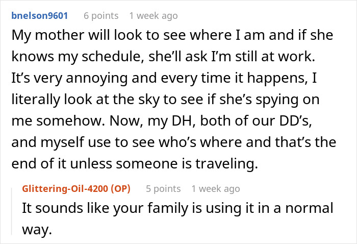 Screenshot of a user discussing how a mil-tracking-app-son is used by family members to check each other’s locations. Screenshot of a user discussing how a mil-tracking-app-son is used by family members to check each other’s locations.