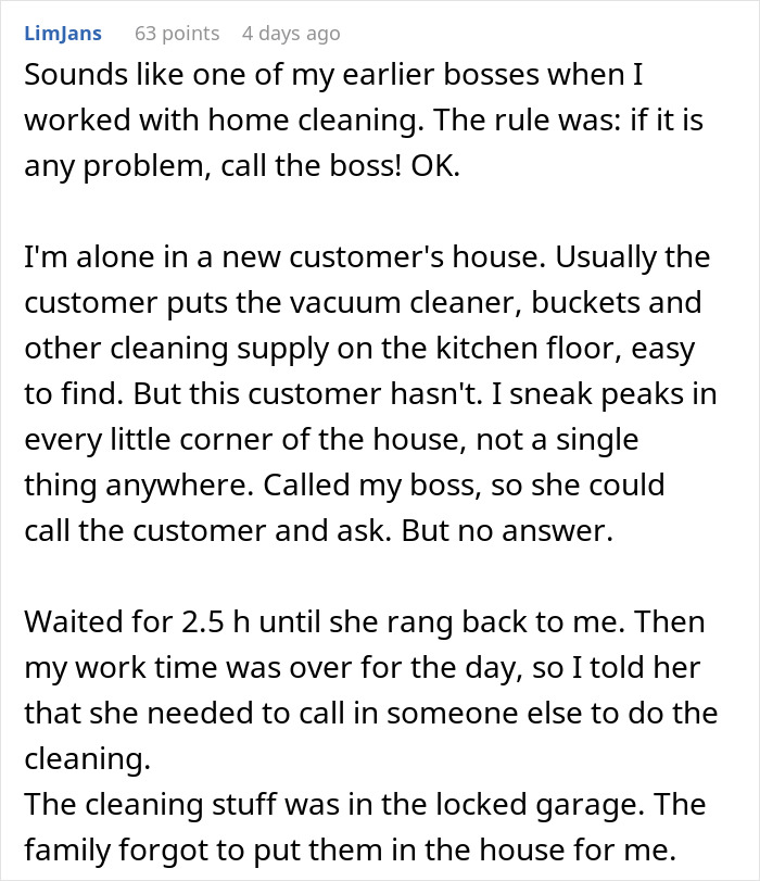 Text post from user LimJans sharing a story about a boss who ignored messages after clients, causing a long wait.