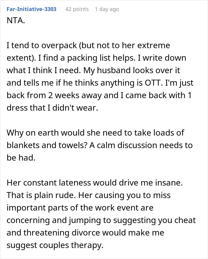 Comment discussing wife’s weird travel quirk causing issues and the husband's reaction leading to divorce talks. Comment discussing wife’s weird travel quirk causing issues and the husband's reaction leading to divorce talks.