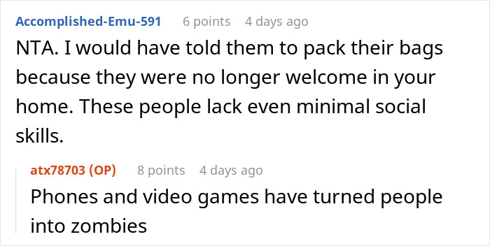 Screenshot of a Reddit conversation discussing entitled family behavior and being banned for lack of social skills.