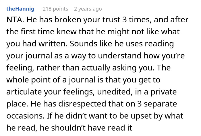 Comment discussing a man reading his wife’s diary behind her back, breaking trust, and disrespecting her privacy repeatedly. Comment discussing a man reading his wife’s diary behind her back, breaking trust, and disrespecting her privacy repeatedly.
