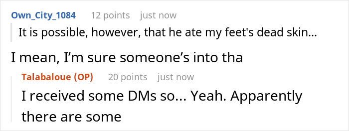 Text conversation screenshot discussing a story about adding menstrual blood to food to prevent theft.