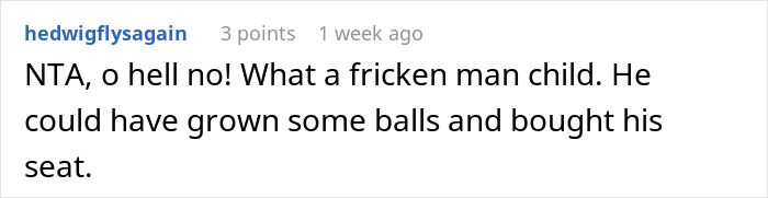 Comment on Reddit post discussing a man invading a woman’s space after she declines to swap seats.