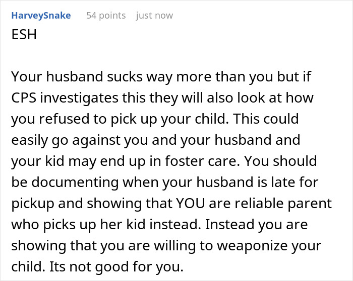 Reddit comment discussing mom covering for ex during custody weeks and the risks involving CPS after no-shows at daycare. Reddit comment discussing mom covering for ex during custody weeks and the risks involving CPS after no-shows at daycare.