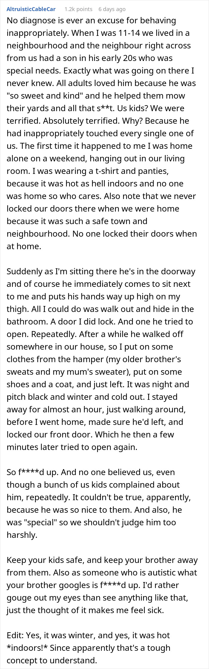 Text post discussing fears about safety around an autistic brother and family dismissing concerns about child safety.