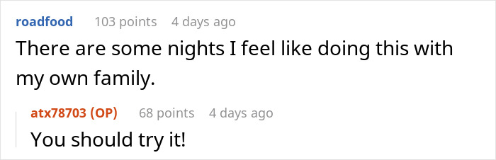 Online conversation about family’s entitled behavior leading to hunger and being banned from gatherings.