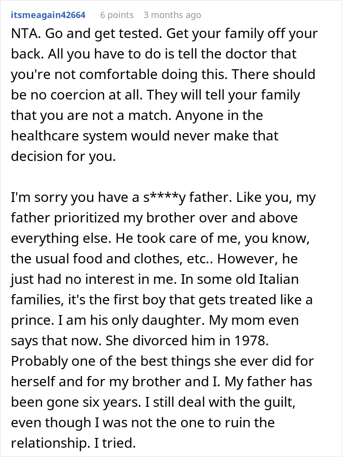 Screenshot of a Reddit comment discussing refusing to donate an organ to a father who caused a difficult childhood. Screenshot of a Reddit comment discussing refusing to donate an organ to a father who caused a difficult childhood.