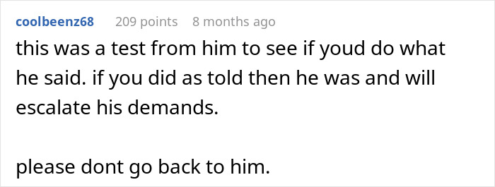 Screenshot of an online comment warning about red-flag behavior in a relationship and advising to avoid the boyfriend. Screenshot of an online comment warning about red-flag behavior in a relationship and advising to avoid the boyfriend.