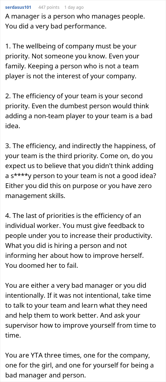 Reddit comment explaining management priorities and reasons behind firing related to not telling a friend she was getting fired.