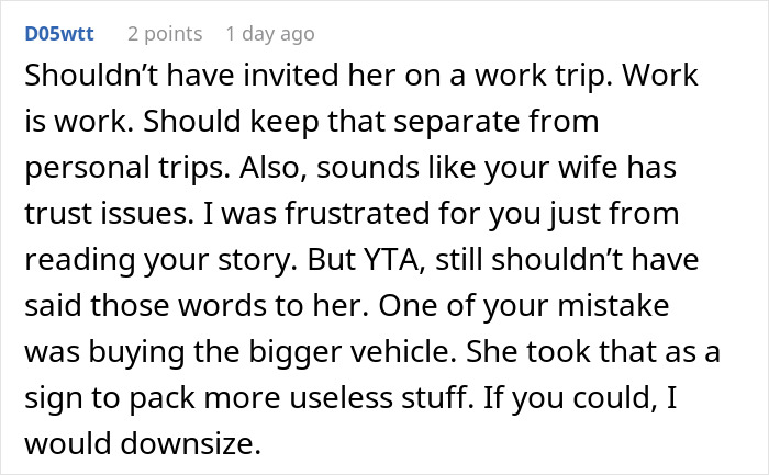 Reddit comment discussing wife’s weird quirk causing traveling difficulties and divorce filing after husband's remarks. Reddit comment discussing wife’s weird quirk causing traveling difficulties and divorce filing after husband's remarks.