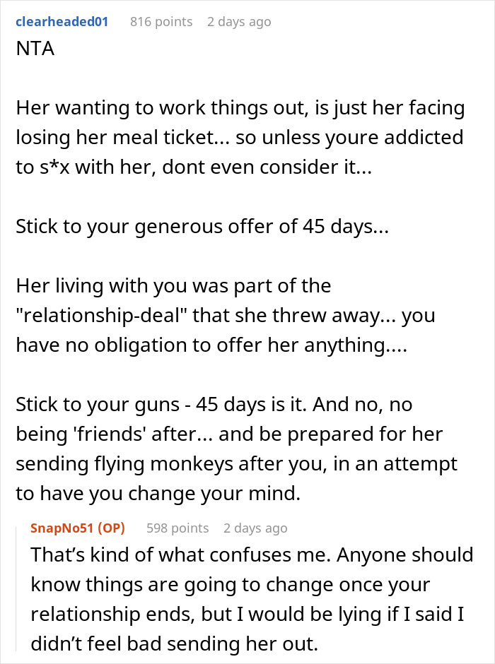 Reddit discussion about a guy asking his ex to move out after breakup and her threat to drop out of school. Reddit discussion about a guy asking his ex to move out after breakup and her threat to drop out of school.