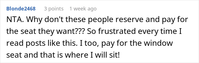 Comment expressing frustration about seat swapping and insisting on keeping the paid window seat after a woman declines to swap seats.