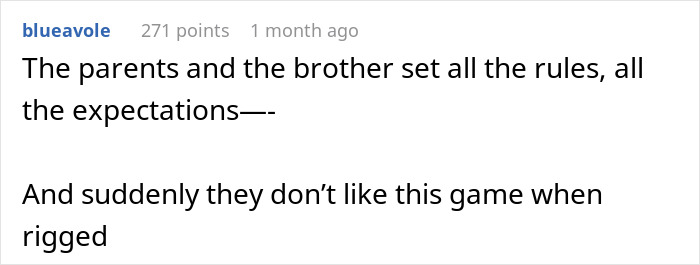 Comment text discussing parents and siblings setting rules and reacting negatively when a game is rigged and unfair. Comment text discussing parents and siblings setting rules and reacting negatively when a game is rigged and unfair.