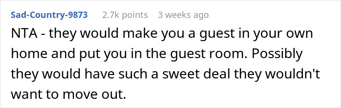 Screenshot of Reddit comment discussing refusal to give home to sister's family, highlighting homeowner's stance on being not a landlord.