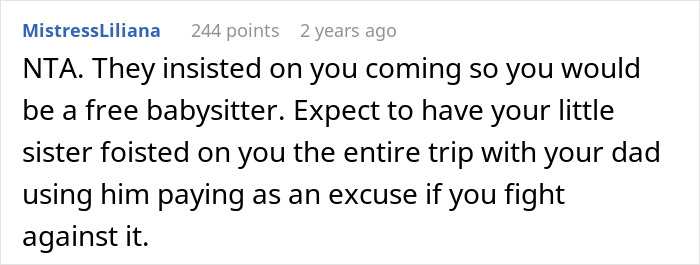 Reddit comment explaining how a woman sneakily swaps seats to avoid babysitting little sister during trip paid for by dad. Reddit comment explaining how a woman sneakily swaps seats to avoid babysitting little sister during trip paid for by dad.