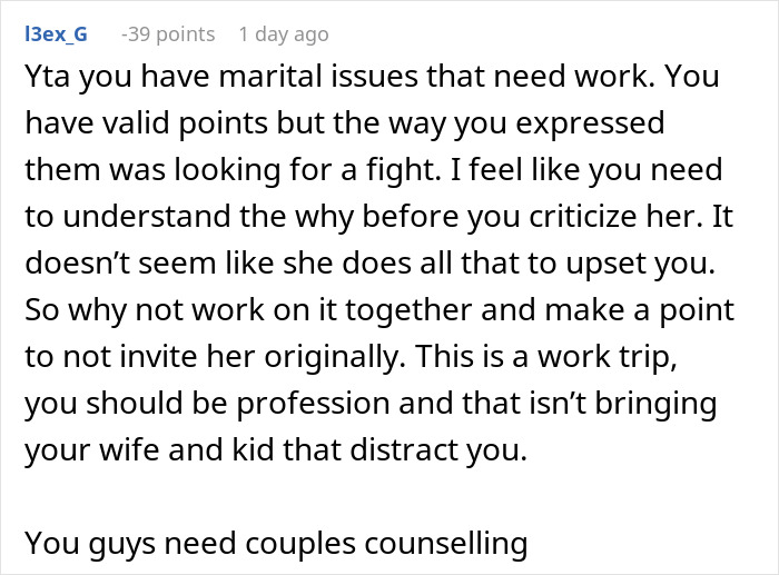 Comment discussing marital issues and the wife’s weird quirk that made traveling difficult in a Reddit post. Comment discussing marital issues and the wife’s weird quirk that made traveling difficult in a Reddit post.