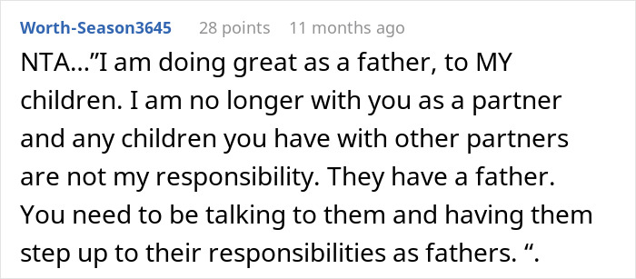 Alt text: Online comment about a father refusing responsibility for children with other men, discussing partner and parenting care. Alt text: Online comment about a father refusing responsibility for children with other men, discussing partner and parenting care.