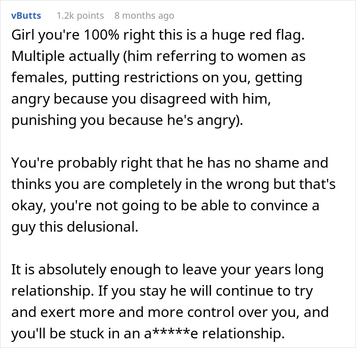 Comment warning about multiple red flags in a relationship, urging a woman to rethink her safety and control concerns with her boyfriend. Comment warning about multiple red flags in a relationship, urging a woman to rethink her safety and control concerns with her boyfriend.