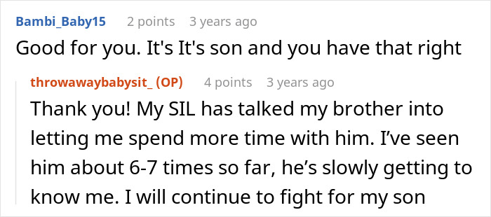 Screenshot of a family forum discussing a bio dad refusing to babysit amid family drama over custody.