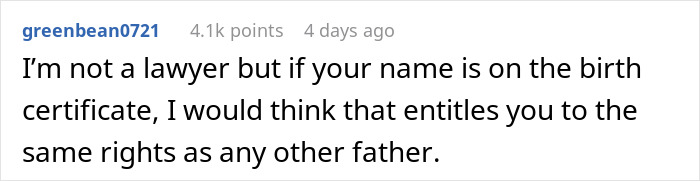 Screenshot of a Reddit comment discussing father’s rights and birth certificate in a heartfelt parenting conversation.