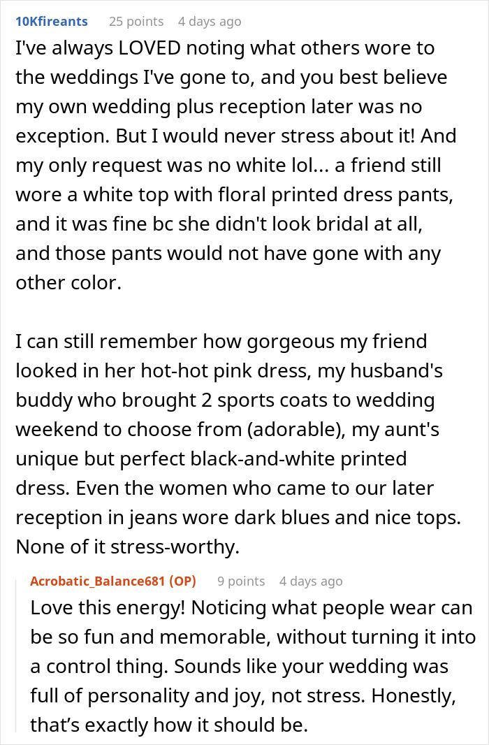 Screenshot of a Reddit conversation discussing wedding attire, focusing on neutrals and wearing color at weddings. Screenshot of a Reddit conversation discussing wedding attire, focusing on neutrals and wearing color at weddings.