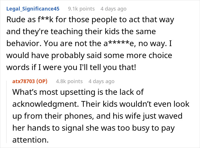 Reddit users discuss entitled family behavior leading to frustration, hunger, and social consequences in a heated online thread.