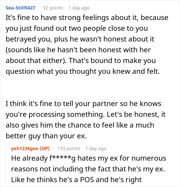 Comment discussing a woman revisiting a past breakup after learning her friend was the other woman in the relationship.
