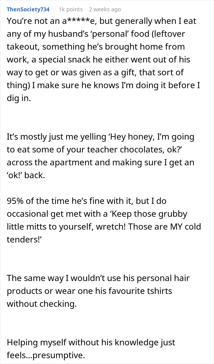 Text post about wife wanting to have her birthday cake and eat it too, upset when husband eats her week-old treat. Text post about wife wanting to have her birthday cake and eat it too, upset when husband eats her week-old treat.