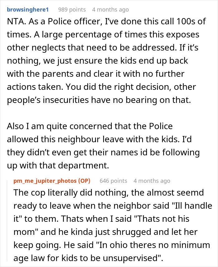 Screenshot of a Reddit discussion about a guy’s neighbor having a meltdown after calling cops on a 2-year-old wandering alone. Screenshot of a Reddit discussion about a guy’s neighbor having a meltdown after calling cops on a 2-year-old wandering alone.