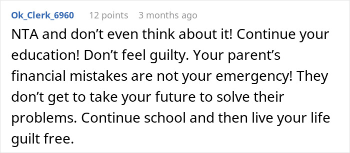 Screenshot of a Reddit comment advising a teen to prioritize education over fixing parents’ financial mistakes.