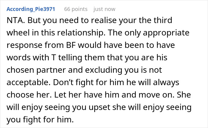 Screenshot of a Reddit comment discussing a guy’s female best friend not inviting his girlfriend to a surprise birthday party. Screenshot of a Reddit comment discussing a guy’s female best friend not inviting his girlfriend to a surprise birthday party.