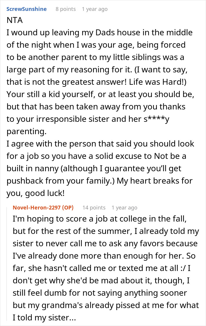 Reddit discussion about a 17-year-old setting boundaries after years of unpaid babysitting and lack of respect.