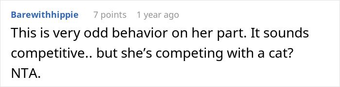 Screenshot of an online comment discussing a woman furious about her partner not renaming their cat and mocking her traumatic childhood. Screenshot of an online comment discussing a woman furious about her partner not renaming their cat and mocking her traumatic childhood.