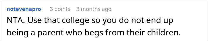 Screenshot of an online comment advising a teen to focus on college instead of fixing parents’ financial mistakes.