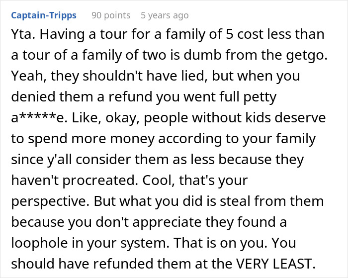 Screenshot of a user comment discussing a tour company bombarded with bad reviews after turning away a childfree couple.