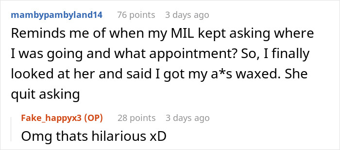 Screenshot of a Reddit conversation about a nosy MIL and a daughter-in-law sending a vibrating surprise package. Screenshot of a Reddit conversation about a nosy MIL and a daughter-in-law sending a vibrating surprise package.