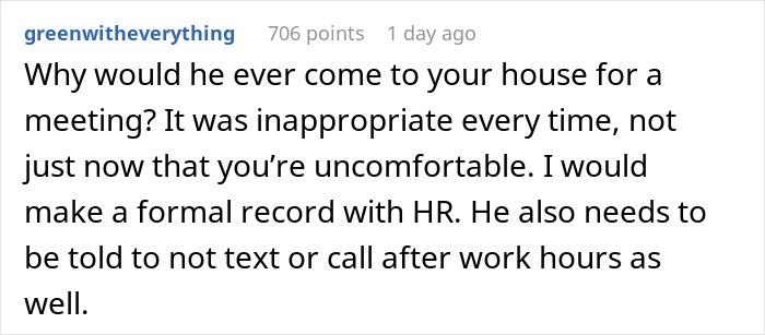Commenter advising single mom about boss repeatedly visiting her home and setting boundaries with HR and work hours. Commenter advising single mom about boss repeatedly visiting her home and setting boundaries with HR and work hours.