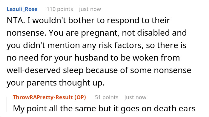 Screenshot of an online discussion about parents wanting to wake a man who sleeps past noon despite having a pregnant wife. Screenshot of an online discussion about parents wanting to wake a man who sleeps past noon despite having a pregnant wife.