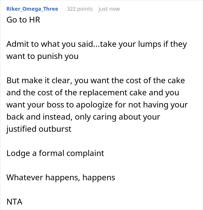 Comment advising to go to HR about a woman’s custom baby shower cake ruined in a shared fridge at work.