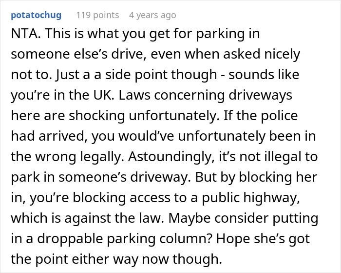Comment discussing aggressive lady blocking couple’s private parking space and legal issues with driveway parking in the UK. Comment discussing aggressive lady blocking couple’s private parking space and legal issues with driveway parking in the UK.