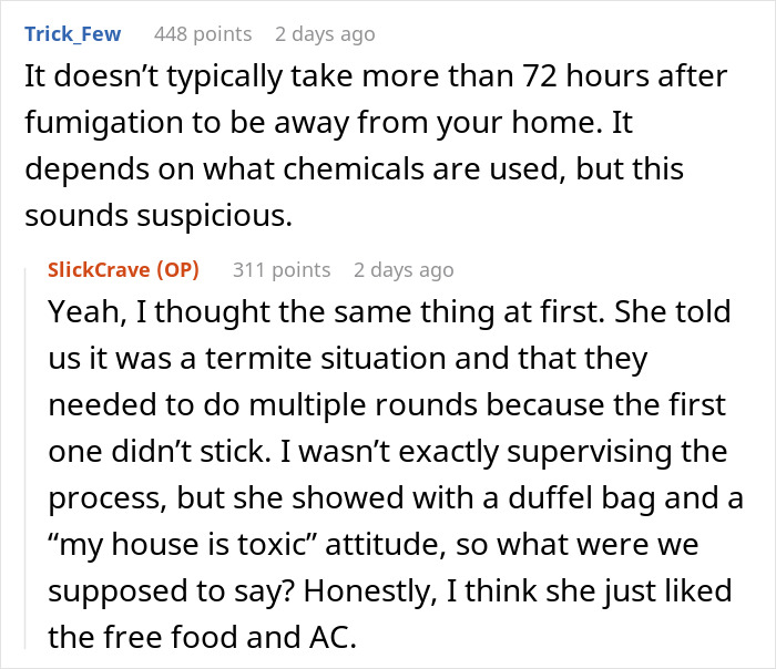 Reddit conversation discussing fumigation timing and skepticism about a termite situation with toxic house concerns. Reddit conversation discussing fumigation timing and skepticism about a termite situation with toxic house concerns.